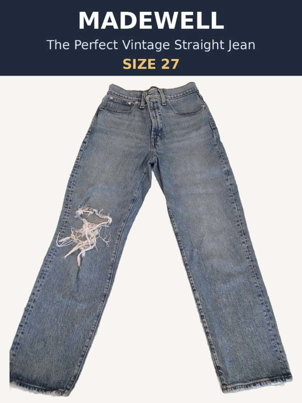 Madewell The Perfect Vintage Straight Jean Ripped Knee Raw Hem Light Wash (27)